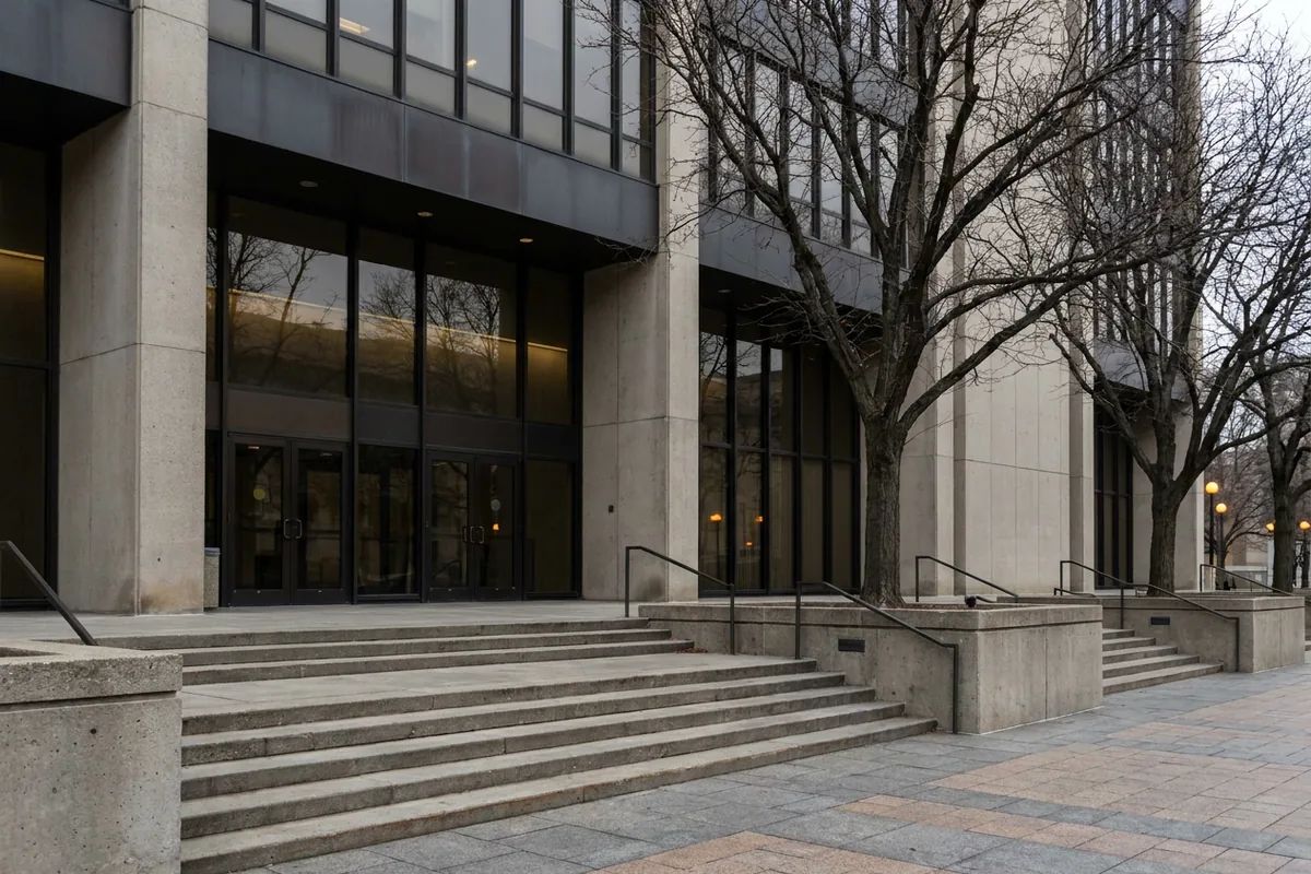 Federal office building entrance where an ICE bond is paid