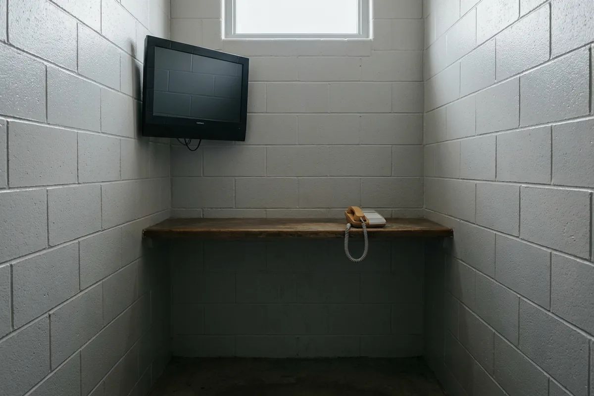 Video visit booth with a screen and handset used during jail visiting hours